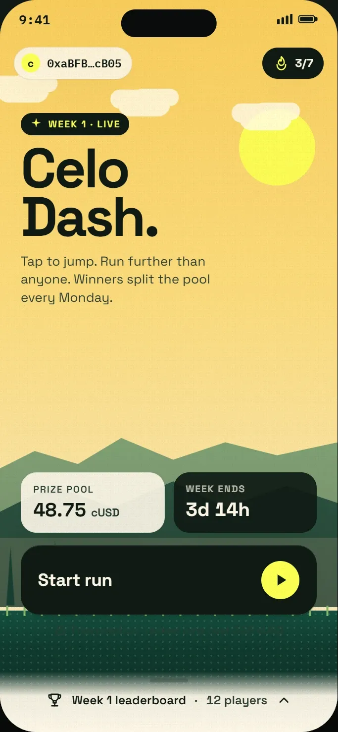 Celo Dash home screen, a tap-to-jump game concept
